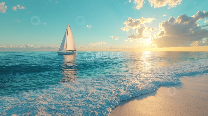 高清大图下载【趣麦麦图】夕阳下航行的帆船