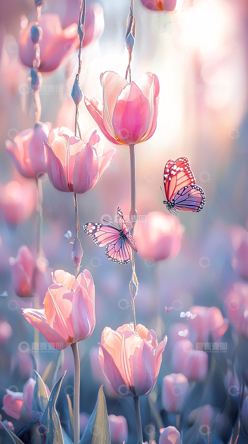 粉色郁金香与蝴蝶