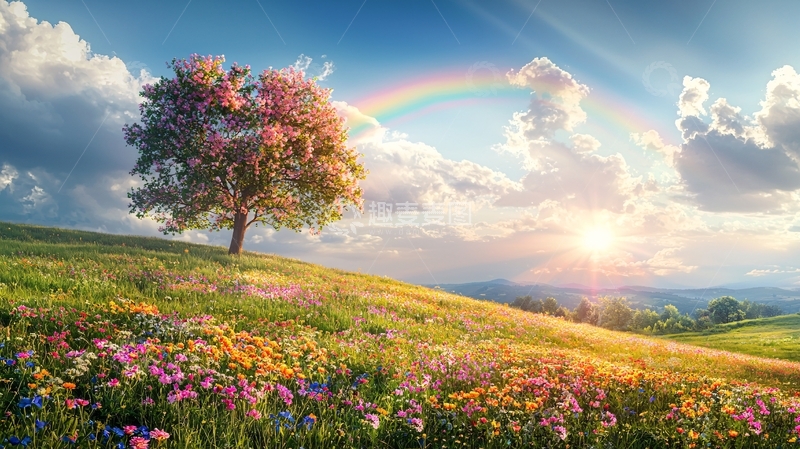 彩虹下的盛开树木