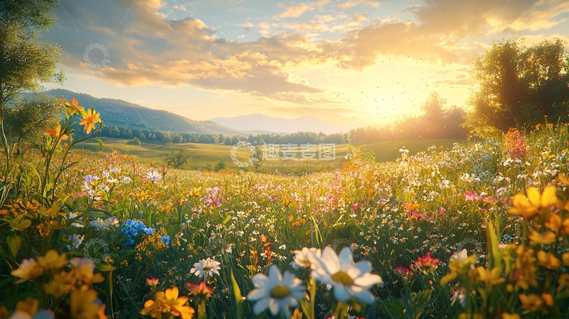 高清大图下载【趣麦麦图】日出山脉野花田园风光