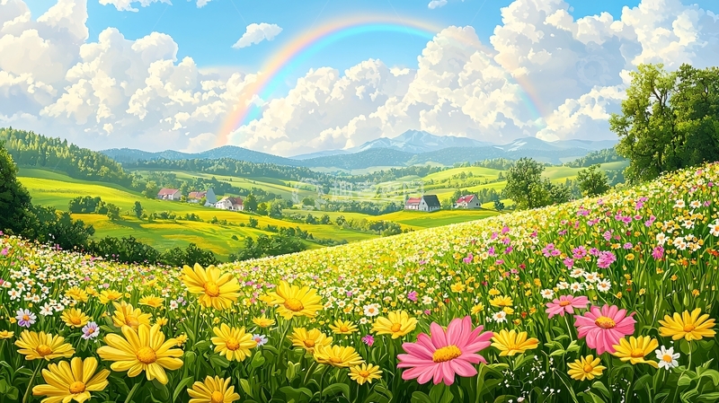高清大图下载【趣麦麦图】彩虹下的田园风光