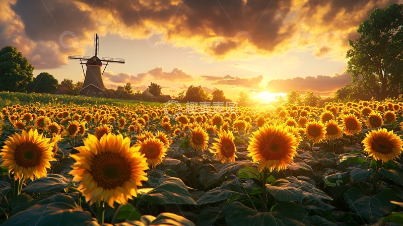 高清大图下载【趣麦麦图】日落下的向日葵田和风车