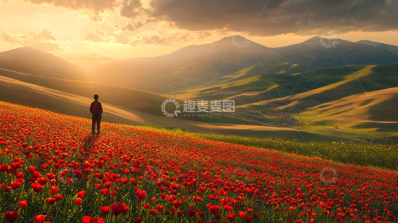 高清大图下载【趣麦麦图】落日余晖下的罂粟花田