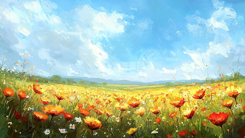 高清大图下载【趣麦麦图】油画风格罂粟花田