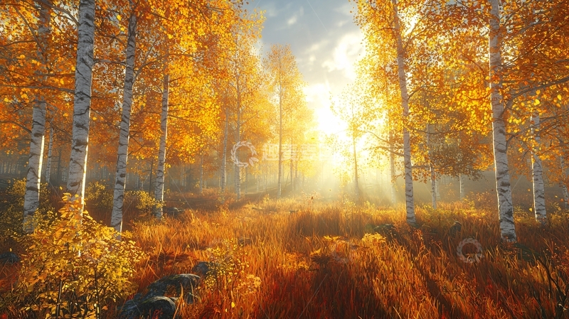 高清大图下载【趣麦麦图】秋日森林阳光透过树林