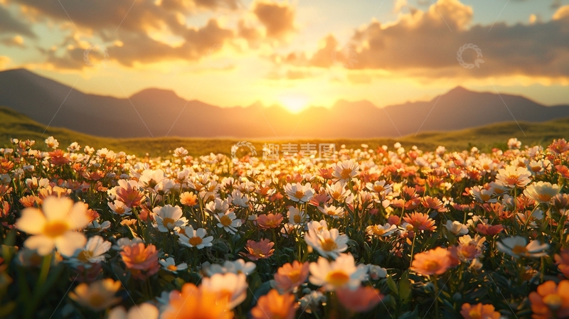 高清大图下载【趣麦麦图】日落花海山峦景色