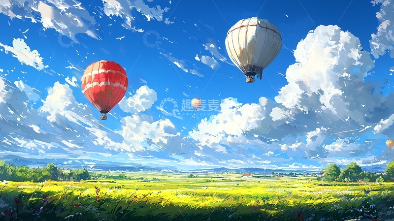 高清大图下载【趣麦麦图】热气球飞跃田野