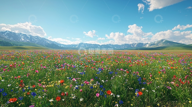 高清大图下载【趣麦麦图】山脉背景下的彩色野花田