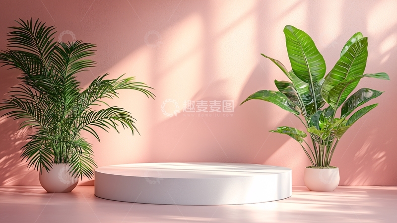 高清大图下载【趣麦麦图】粉色背景白色展台绿植