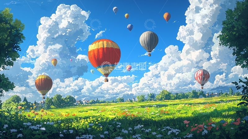 高清大图下载【趣麦麦图】热气球飞过田野