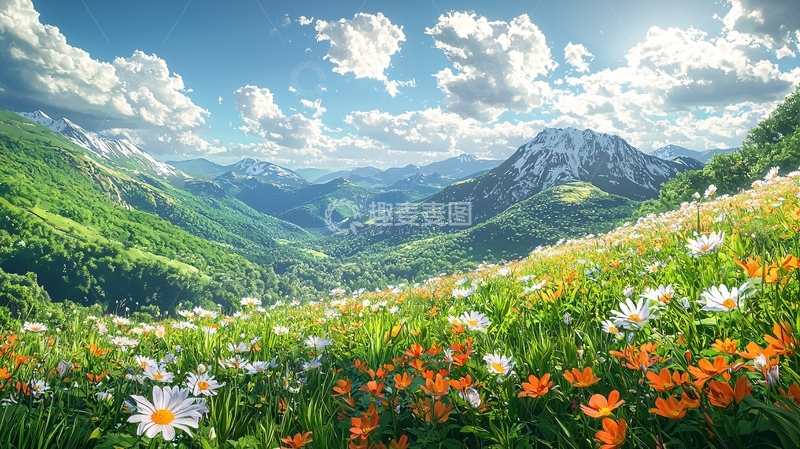 高清大图下载【趣麦麦图】阳光明媚的山谷花海