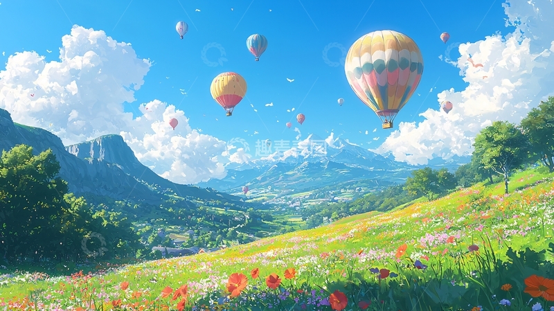 高清大图下载【趣麦麦图】热气球飞跃山谷花海