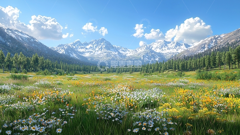 高清大图下载【趣麦麦图】阳光明媚的高山花田