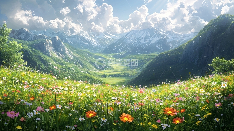 高清大图下载【趣麦麦图】山谷中盛开的鲜花和雪山
