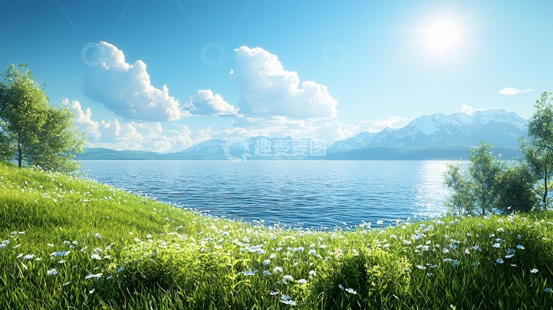 高清大图下载【趣麦麦图】阳光明媚的湖边草原