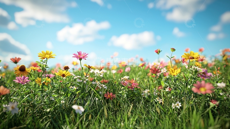 高清大图下载【趣麦麦图】蓝天白云下的野花田