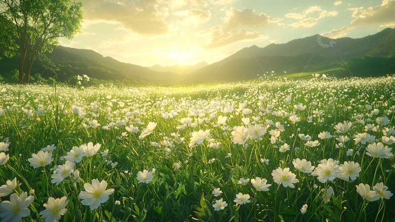 高清大图下载【趣麦麦图】夕阳下白花盛开的田野