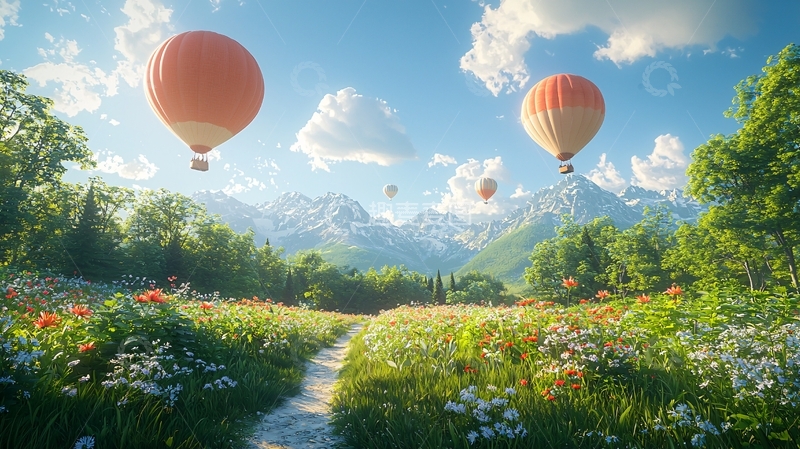 高清大图下载【趣麦麦图】热气球飞跃山峦花海
