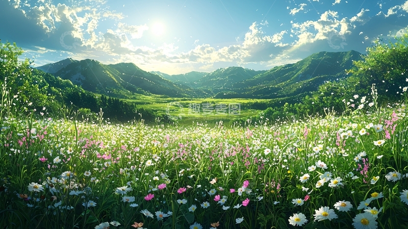 高清大图下载【趣麦麦图】阳光下绿野花海山谷