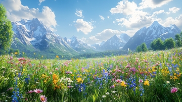 阳光下的高山野花草甸