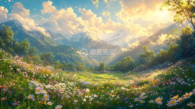 高清大图下载【趣麦麦图】阳光下的山脉花田