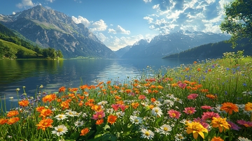 高山湖泊鲜花盛开