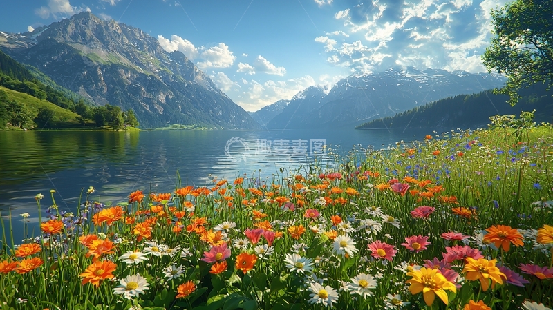 高清大图下载【趣麦麦图】高山湖泊鲜花盛开