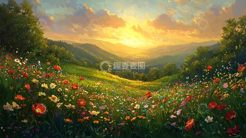 高清大图下载【趣麦麦图】山峦夕阳花海草原