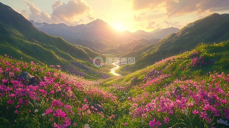 高清大图下载【趣麦麦图】山谷日出鲜花盛开