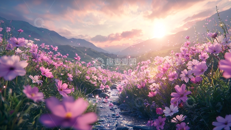 高清大图下载【趣麦麦图】日出山谷粉色花海