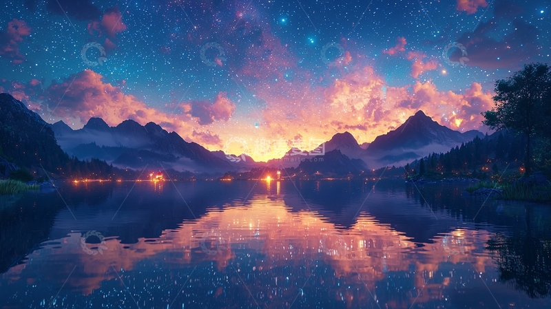 高清大图下载【趣麦麦图】梦幻星空湖泊景色