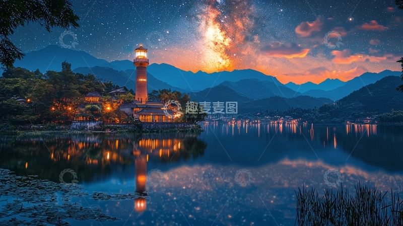 高清大图下载【趣麦麦图】星空下的湖边灯塔