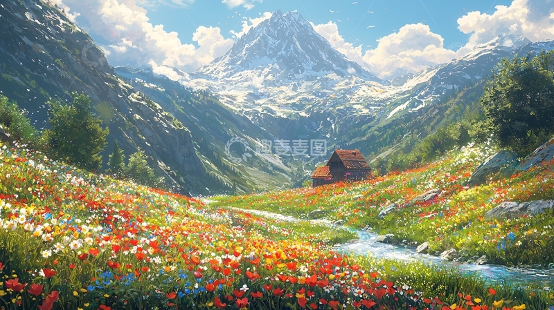 高清大图下载【趣麦麦图】阿尔卑斯山脉花海小屋