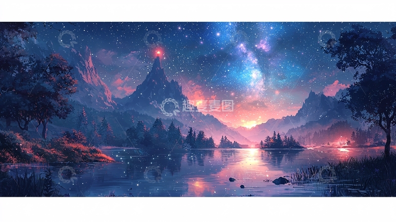 高清大图下载【趣麦麦图】梦幻星空下的山湖美景
