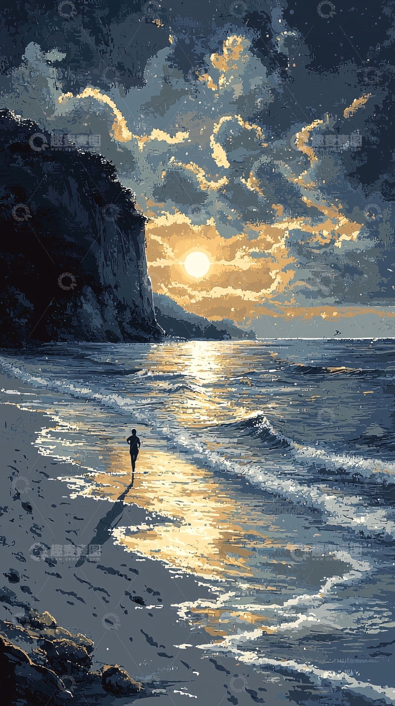 高清大图下载【趣麦麦图】海边日落剪影