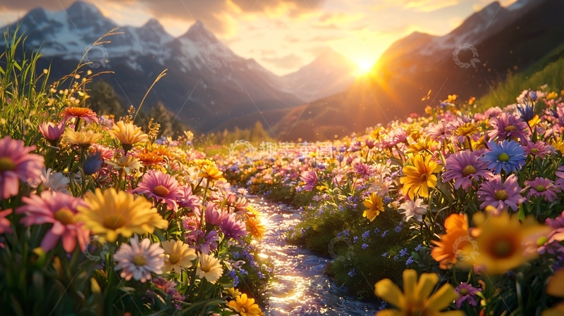 高清大图下载【趣麦麦图】高山花海日落