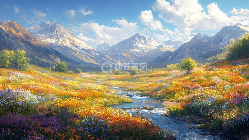 高清大图下载【趣麦麦图】阳光明媚的雪山花田溪流