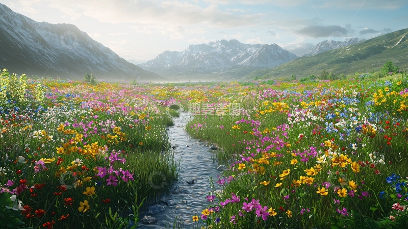 高清大图下载【趣麦麦图】山谷溪流野花盛开