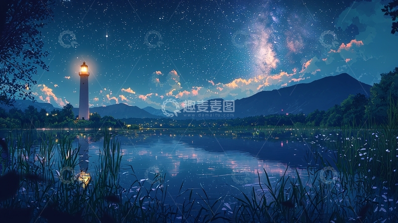 高清大图下载【趣麦麦图】星空下的灯塔