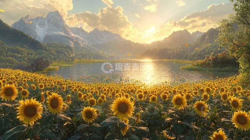 高清大图下载【趣麦麦图】日出山峰向日葵田园湖泊