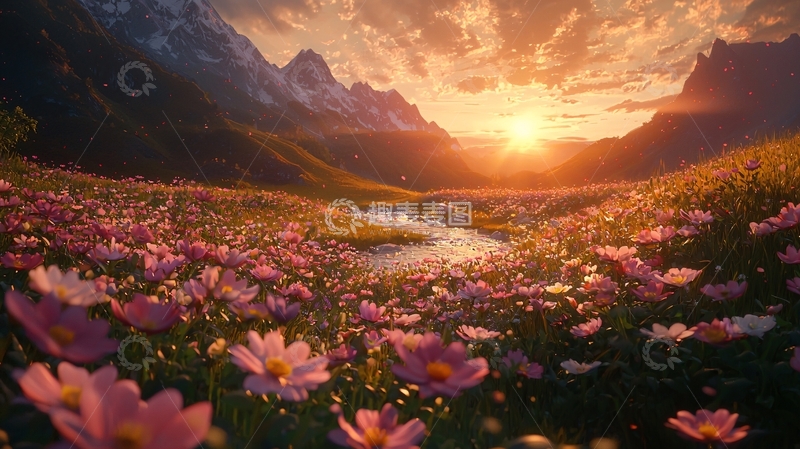 高清大图下载【趣麦麦图】日落花海山川景色