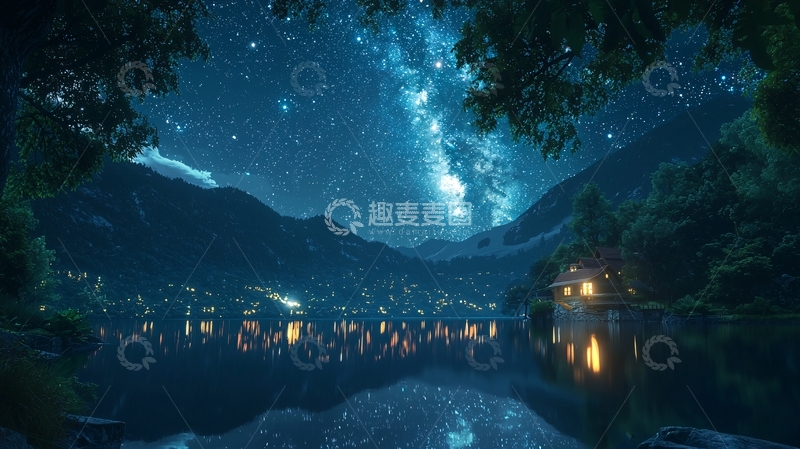 高清大图下载【趣麦麦图】星空下的湖边小镇