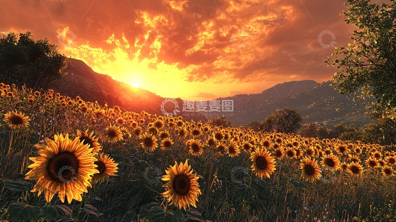 高清大图下载【趣麦麦图】向日葵田野落日余晖