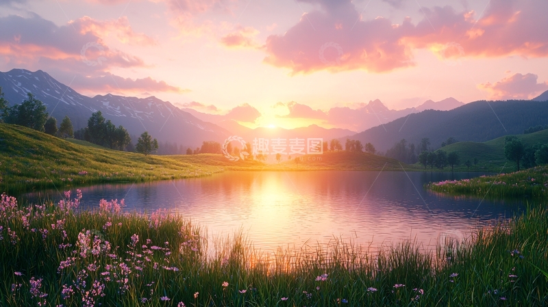 高清大图下载【趣麦麦图】日出山峰湖泊景色
