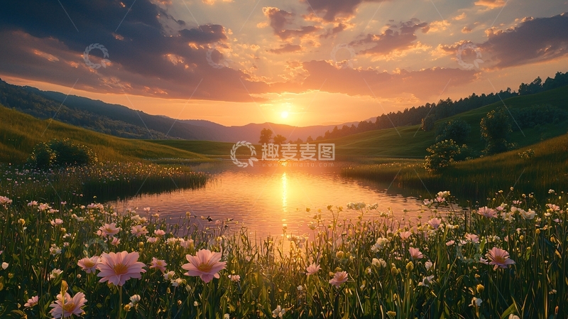 高清大图下载【趣麦麦图】夕阳西下湖边野花