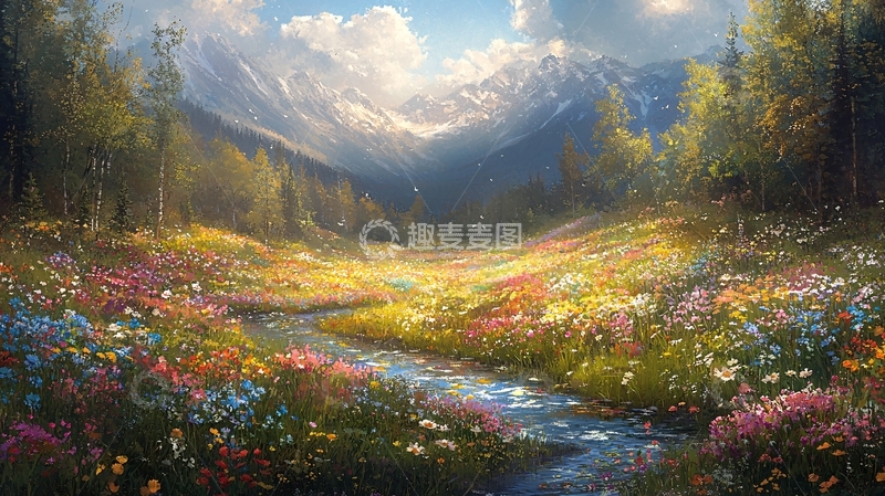 高清大图下载【趣麦麦图】梦幻山谷鲜花溪流