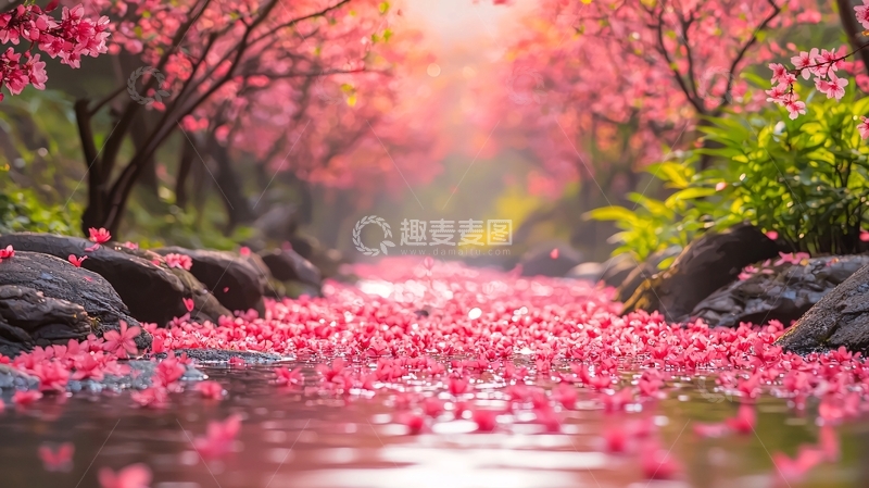 高清大图下载【趣麦麦图】粉红色花瓣飘落小溪