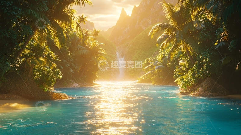 高清大图下载【趣麦麦图】热带雨林瀑布河流日落