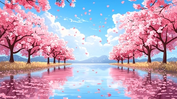 樱花盛开的湖边景色