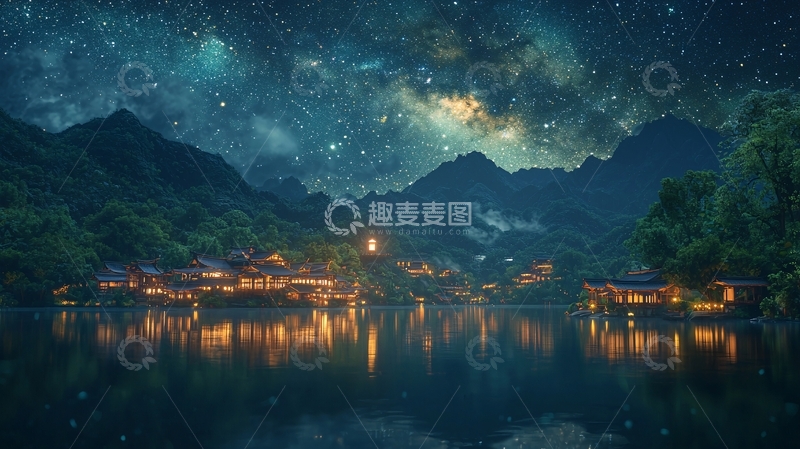 高清大图下载【趣麦麦图】星空下的山村夜景